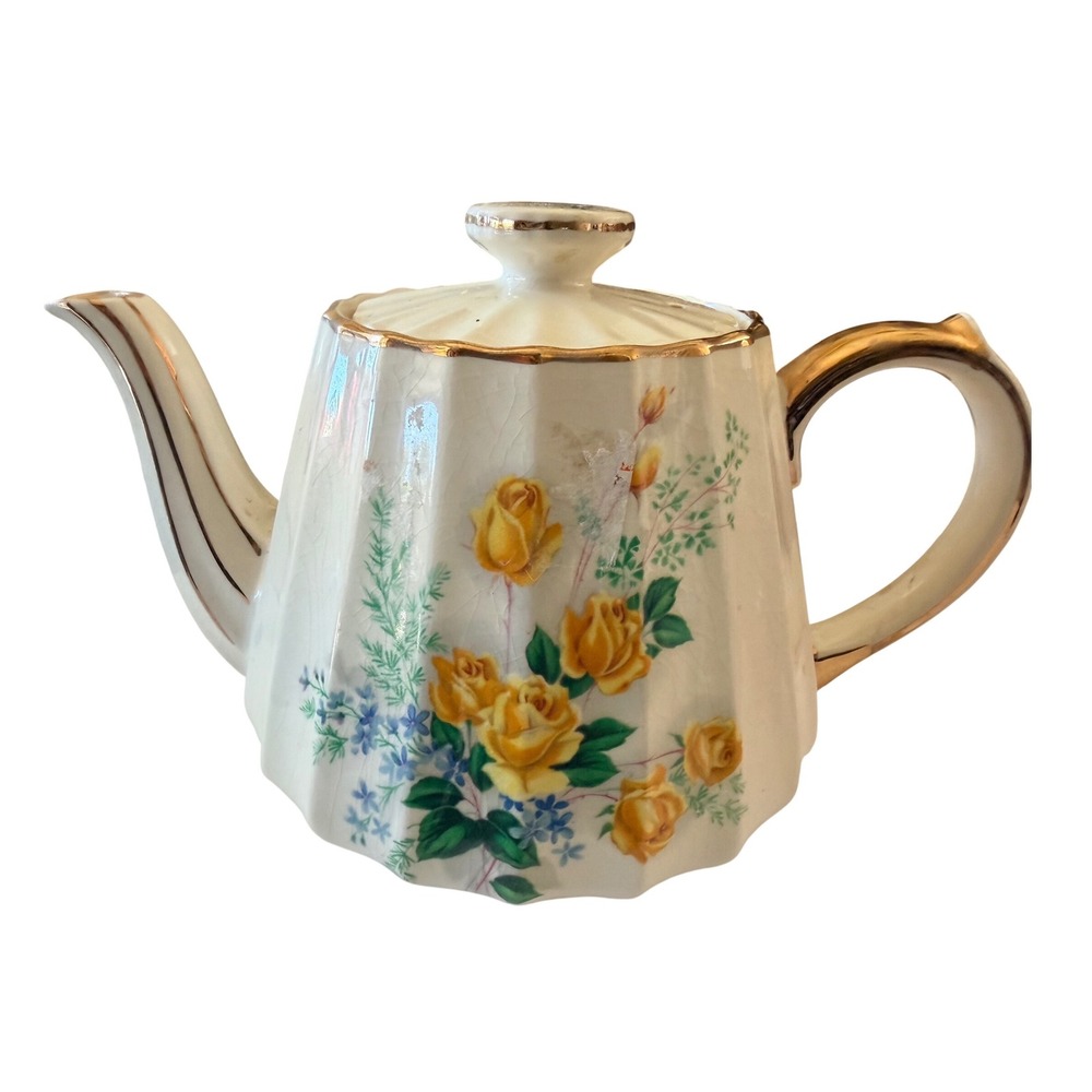 Sadler Teapot China Large Cream Gold Fluted Yellow Rose English Cottagecore